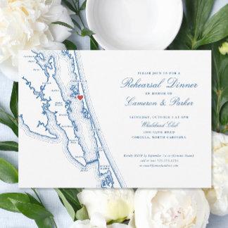 Corolla NC OBX Map Navy Blue Rehearsal Dinner Invitation