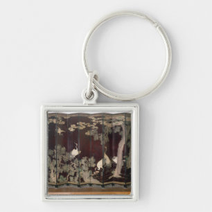 Coromandel screen depicting cranes key ring