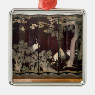 Coromandel screen depicting cranes metal tree decoration