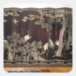Coromandel screen depicting cranes square sticker