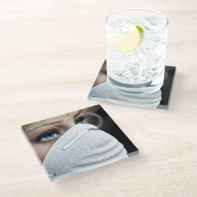Corona Virus Protective Mask Glass Coaster (Angled)