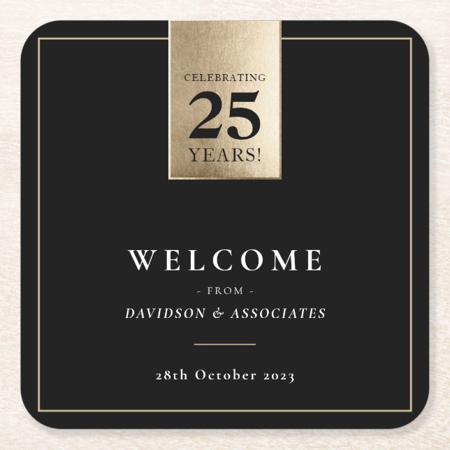 CORPORATE ANNIVERSARY business black white gold Square Paper Coaster (Front)