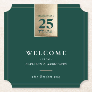 CORPORATE ANNIVERSARY business white green gold Paper Coaster