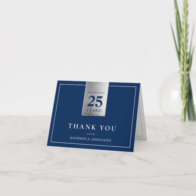 CORPORATE ANNIVERSARY business white navy silver Thank You Card (Front)