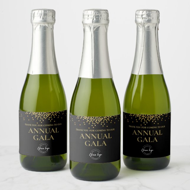 Corporate Annual Gala Logo Black Gold Confetti Sparkling Wine Label (Bottles)