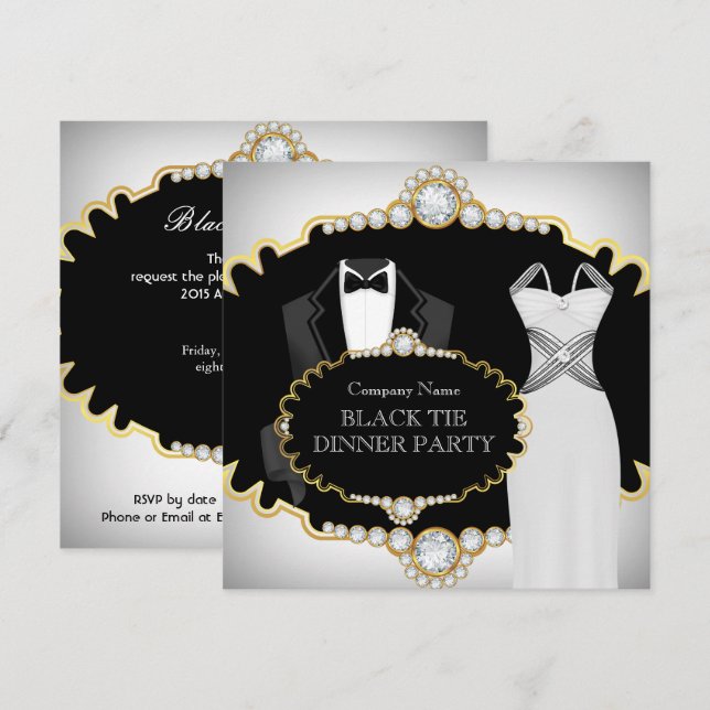 Corporate Black Tie Dinner Party White Gold Invitation (Front/Back)
