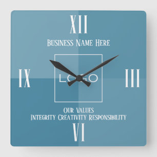 Corporate Brand Logo, Photo Name and Values Blue Square Wall Clock