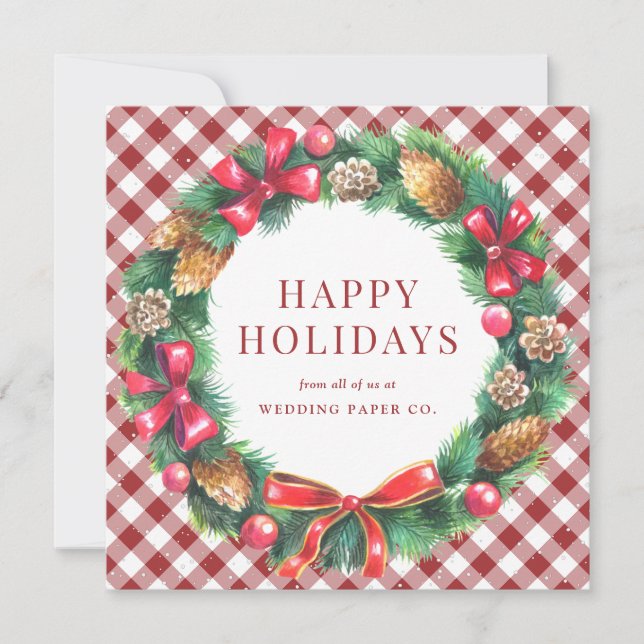 Corporate Business Christmas Wreath Red Holiday Card (Front)