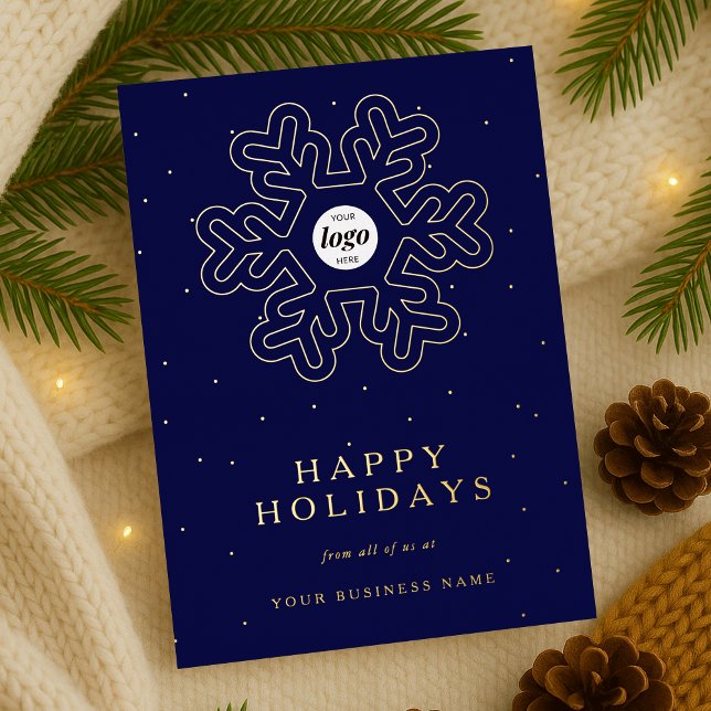 Corporate Business Logo Christmas Snowflake Navy Foil Holiday Card (Christmas snowflake design corporate business logo navy blue and gold foil holiday card)