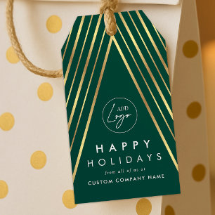 Corporate Business Logo Green Gold Christmas Tree Gift Tags