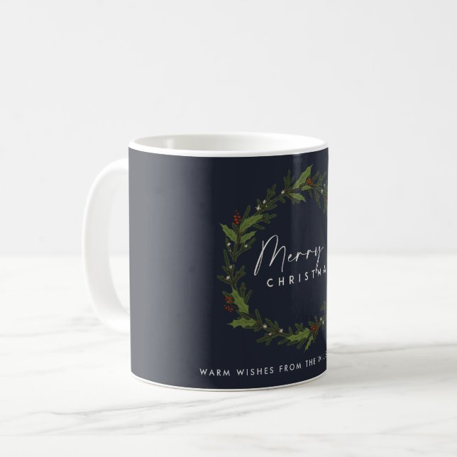 CORPORATE CHIC NAVY HOLLY BERRY WREATH CHRISTMAS COFFEE MUG (Front Left)