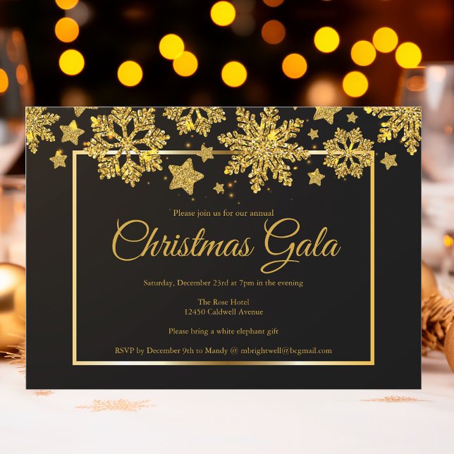 Corporate Christmas Gala Chic Black Gold Snowflake Invitation (Creator Uploaded)