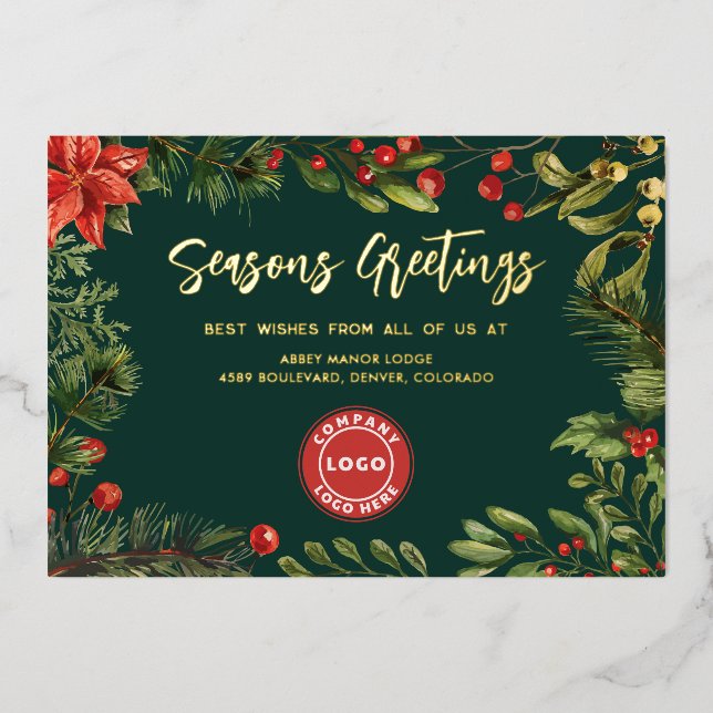 Corporate Christmas Holidays Red Berries Gold Foil Holiday Card (Front)