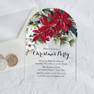 Corporate Christmas Party Burgundy Poinsettia Acrylic Invitations