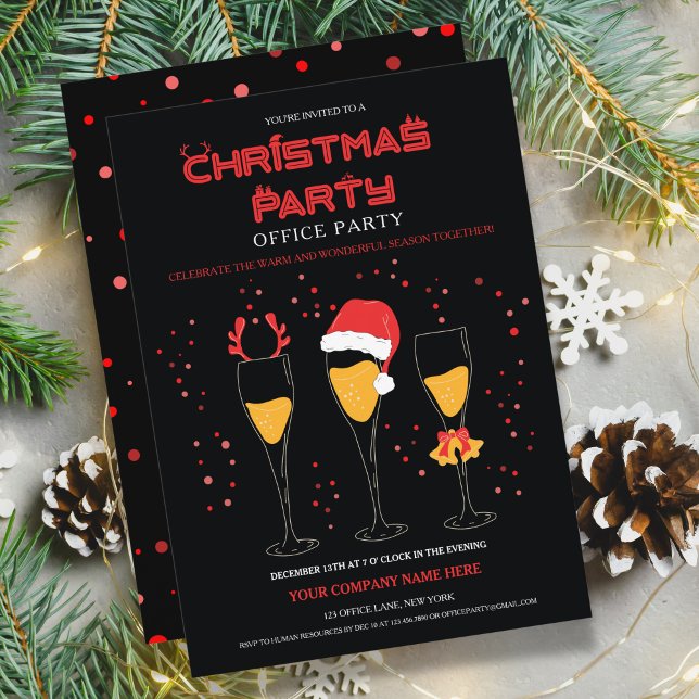 Corporate Christmas Party Invitation Template (Corporate Christmas Party, Three Champagne glasses adorned with Christmas decorations)