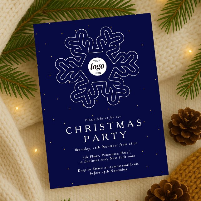 Corporate Christmas Party Navy Blue Business Logo Invitation (Company Christmas Party Invitation in navy blue and white with snowflake detail and your logo)