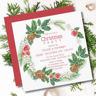 Corporate Christmas Party Pink Rose Wreath Invitation