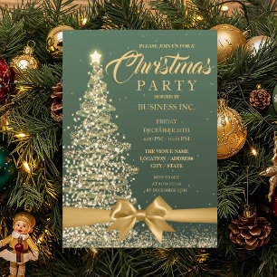 CORPORATE Christmas Tree Ribbon Green Gold Party Invitation