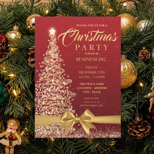 CORPORATE Christmas Tree Ribbon Red Gold Party Invitation