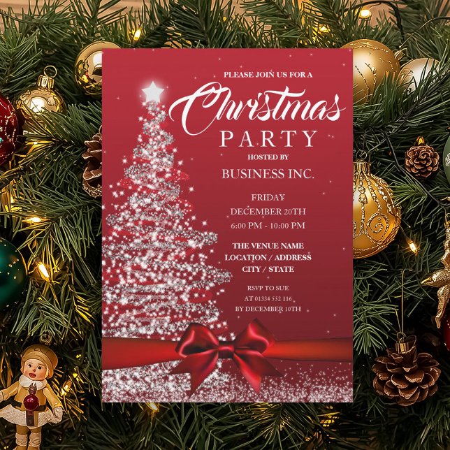 CORPORATE Christmas Tree Ribbon Red Party Invitation (CORPORATE Christmas Tree Ribbon Red Party Invitation)