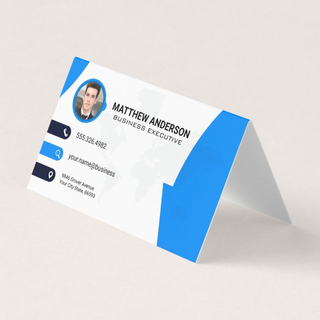 Corporate Contact | World Map | QR Code | Blue Business Card (Front)