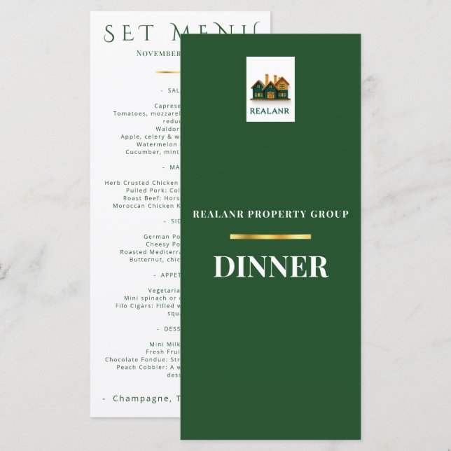 Corporate Dinner Menu Card Logo Elegant Green (Front/Back)