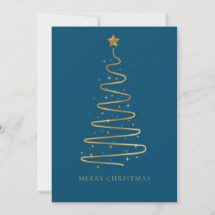 Corporate Elegant Blue Gold Merry Christmas Tree Holiday Card