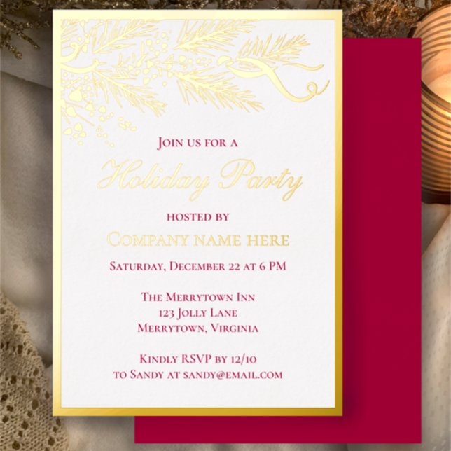 Corporate Elegant Red Botanical Holiday Party Gold (Customize this template for a business holiday party invitation. Elegant unique gold foil invitation)