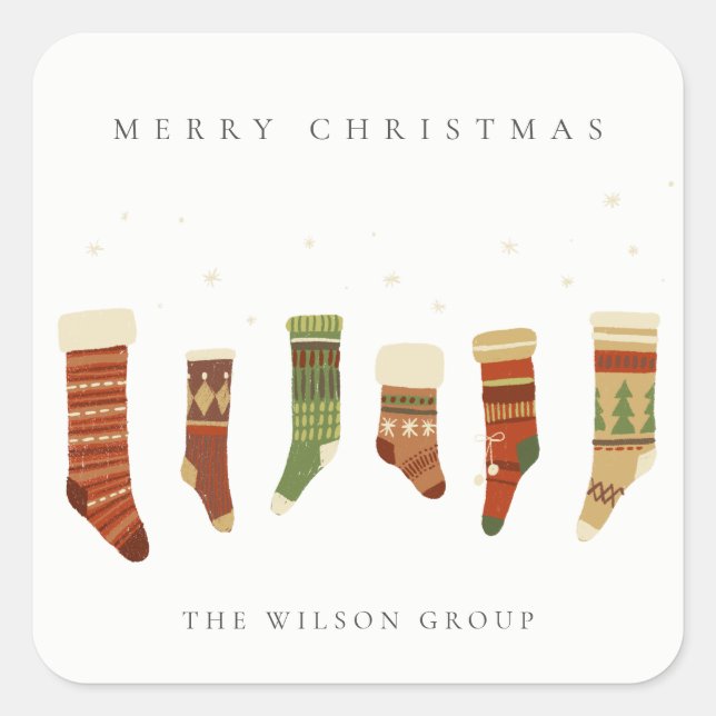 CORPORATE ELEGANT RED GREEN CHRISTMAS STOCKINGS SQUARE STICKER (Front)