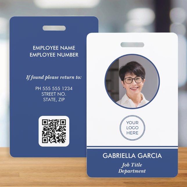 Corporate Employee QR Code Blue ID Badge (Blue business id badge, with employee photo and your logo. QR Code and general business info. )
