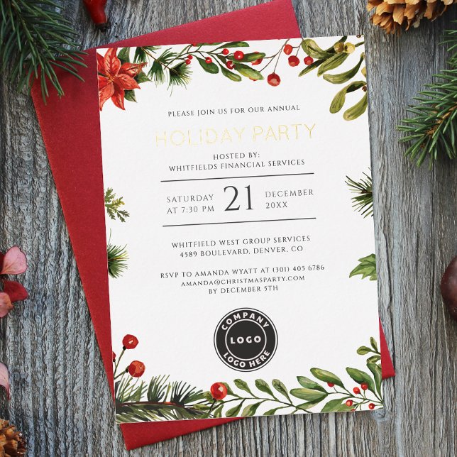Corporate Festive Christmas Holiday Party Gold (Business Logo Christmas Office Party Invitation Red Berries Botanical Poinsettia)