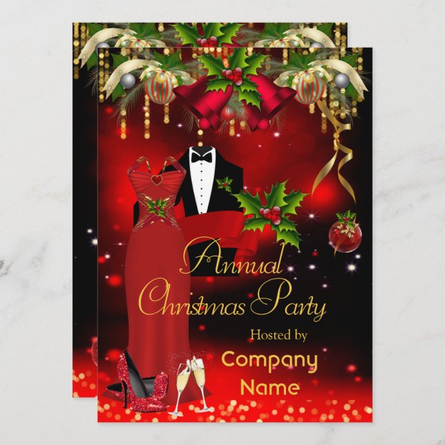 Corporate Formal Christmas Holiday Party Red  Invitation (Front/Back)