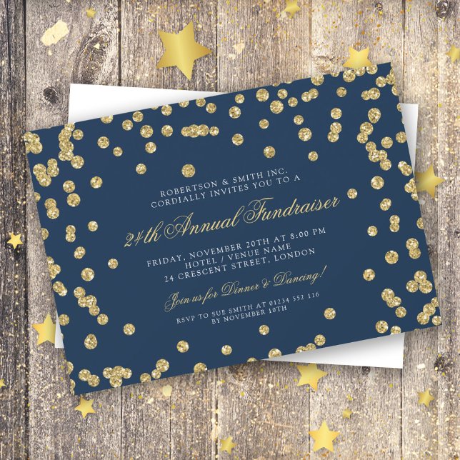 Corporate Fundraiser Dinner Gold Confetti Navy Blu Invitation (Creator Uploaded)