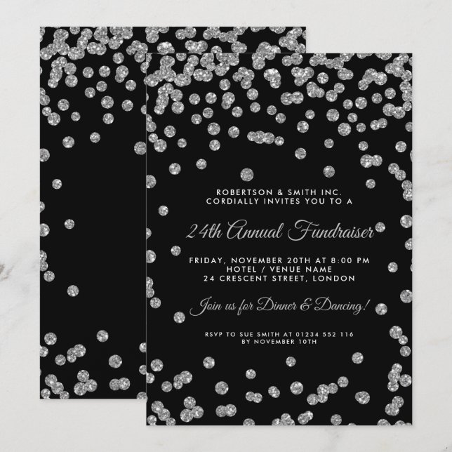 Corporate Fundraiser Dinner Silver Confetti Black Invitation (Front/Back)