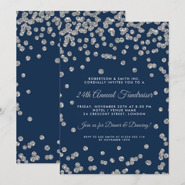 Corporate Fundraiser Dinner Silver Confetti Navy Invitation (Front/Back)