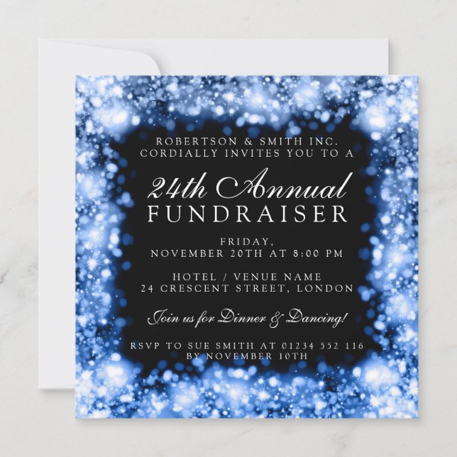Corporate Fundraiser Gala Party Blue Sparkling Invitation (Front)