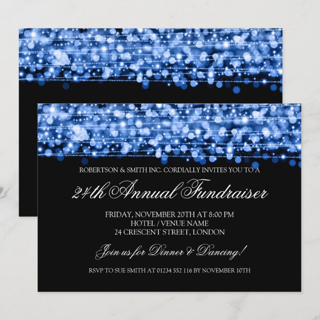 Corporate Fundraiser Gala Party Sparkles Blue Invitation (Front/Back)