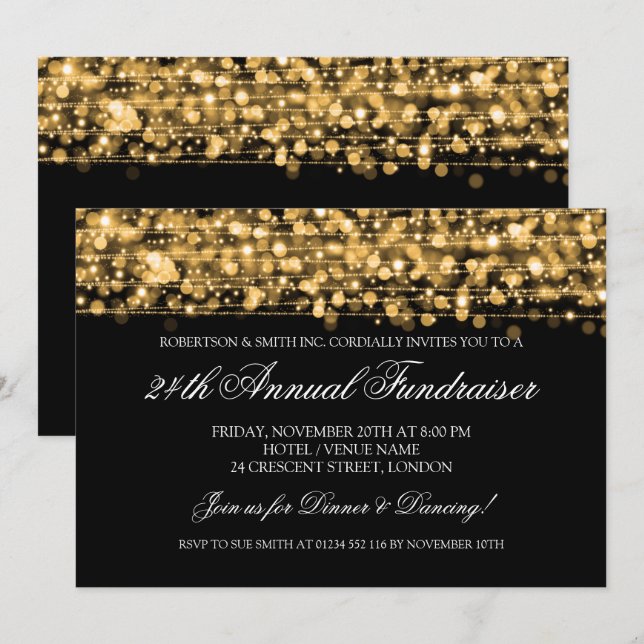 Corporate Fundraiser Gala Party Sparkles Gold Invitation (Front/Back)