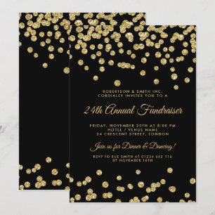 Corporate Fundraiser Gold Glitter Confetti Black Invitation