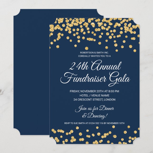 Corporate Fundraiser Gold Glitter Confetti Navy Invitation (Front/Back)