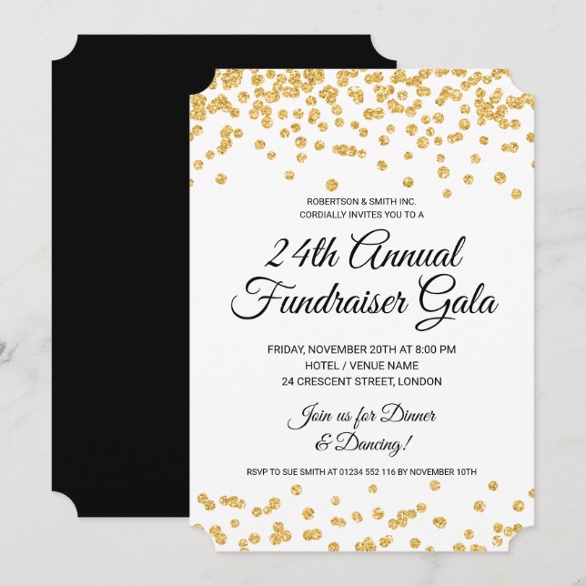 Corporate Fundraiser Party Gold Glitter Confetti  Invitation (Front/Back)