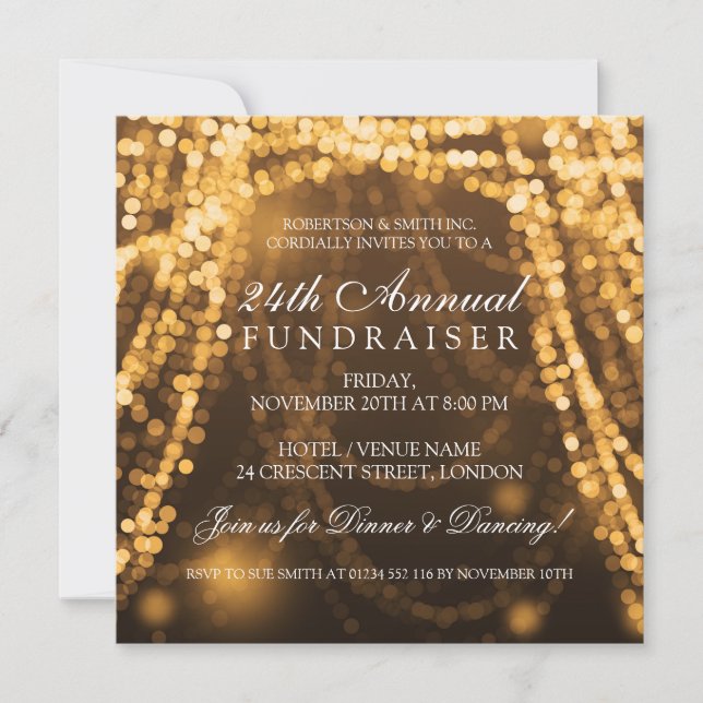 Corporate Fundraiser Party String Lights Gold Invitation (Front)