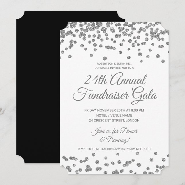 Corporate Fundraiser Silver Glitter Confetti  Invitation (Front/Back)