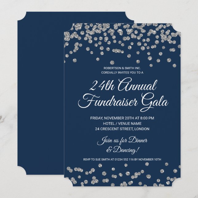 Corporate Fundraiser Silver Glitter Confetti Navy  Invitation (Front/Back)
