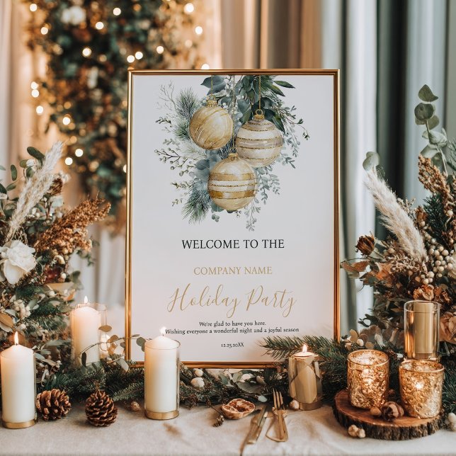 Corporate Gold Baubles Greenery Christmas Welcome Poster (Corporate Gold Baubles Greenery Christmas Welcome Poster)