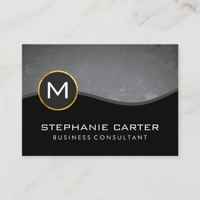 Corporate Gold Trim Monogram and Slate Business Card (Front)