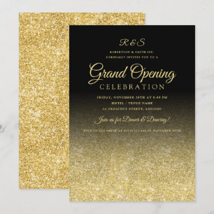 Corporate Grand Opening Gold Glam Glitter Black Invitation