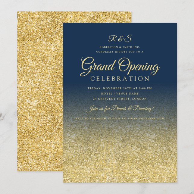 Corporate Grand Opening Gold Glam Glitter Navy Invitation (Front/Back)
