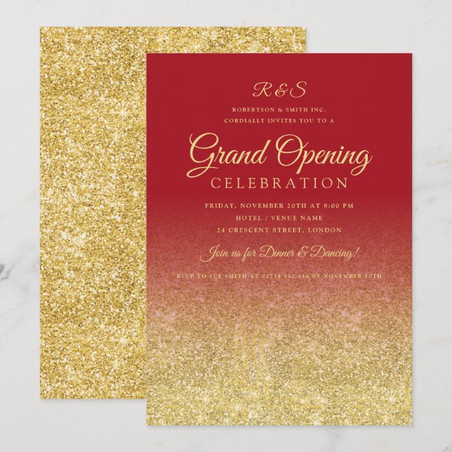 Corporate Grand Opening Gold Glam Glitter Red  Invitation (Front/Back)