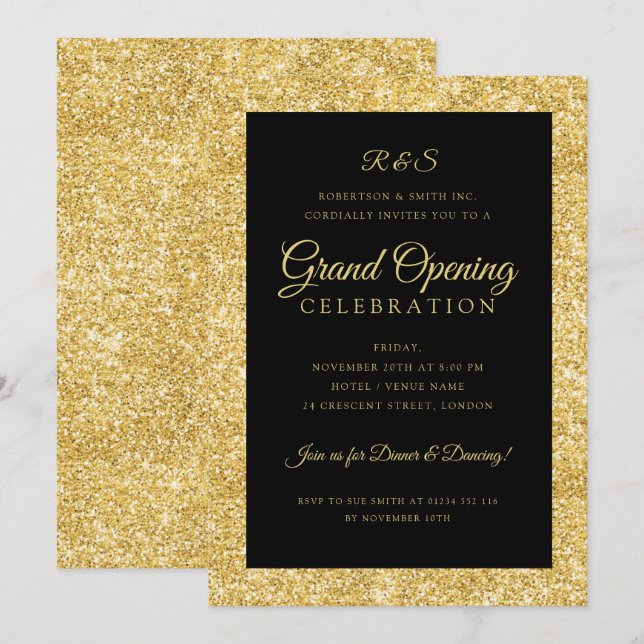 Corporate Grand Opening Gold Glitter Monogram  Invitation (Front/Back)